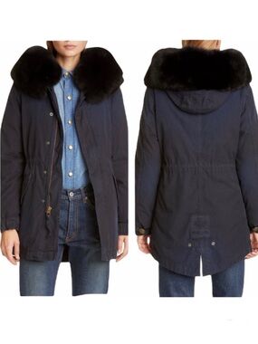 MR & MRS ITALY Hooded Cotton Parka With Removable Fox Fur Trim NEW Size M Navy